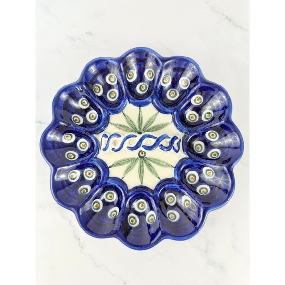 Boleslawiec Other - VTG Blue Rose Polish Pottery Egg Plate with Handle Boleslawiec Peacock Design